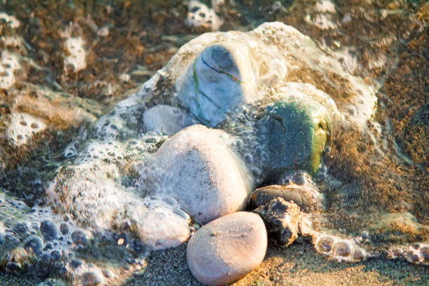 istock Small sea stones on the seashore, covered with a sea wave. 1292451872