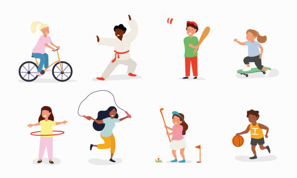 ilustraciones, imágenes clip art, dibujos animados e iconos de stock de niños felices jugando - tennis child childhood sport