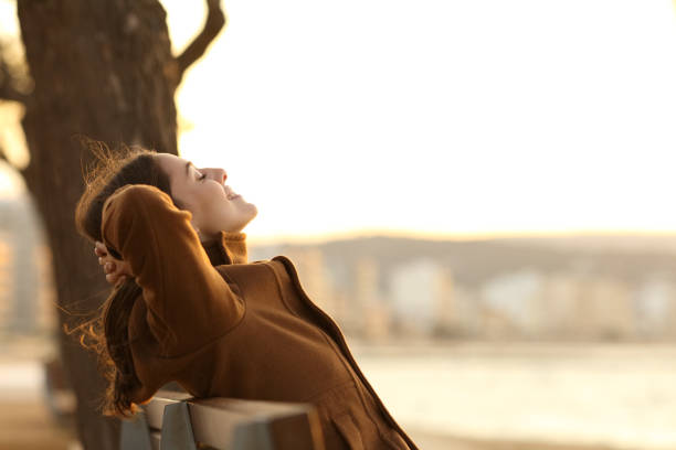 istock Woman resting sitting on a bench on the beach in winter 1292453763