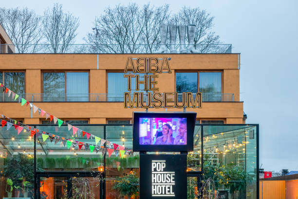 Facade view of the Abba Museum and Pop House Hotel in Stockholm Sweden. Stockholm, Sweden - December 1, 2020: Outdoor winter front facade view of the Abba Museum and Pop House Hotel in Stockholm Sweden December 1, 2020. djurgarden photos stock pictures, royalty-free photos & images