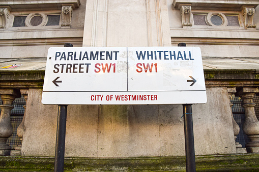 London, United Kingdom - December 17 2020: Parliament Street and Whitehall street signs detail