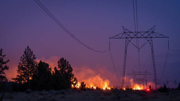 incendio forestal bajo línea de transmisión eléctrica - fire power fotografías e imágenes de stock