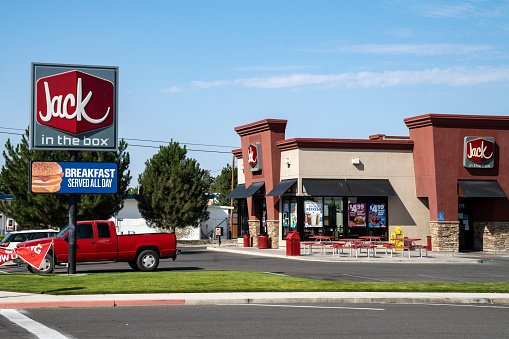 Winnemucca, Nevada - August 5, 2020: Exterior view of the Jack in the Box fast food chain restaurant