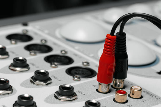 istock Rear panel of music system amplifier with wires 1292457159