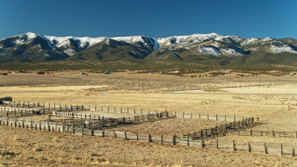 istock Snowcapped Hills Above Empty Animal Pans on Ranch in Eastern Nevada - Aerial 1292458532