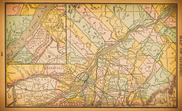 19th century map of Quebec 19th century map of Quebec. Published in New Dollar Atlas of the United States and Dominion of Canada. (Rand McNally & Co's, Chicago, 1884). sherbrooke quebec stock illustrations