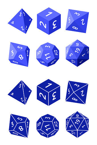 D4, D6, D8, D10, D12, and D20 Dice for Boardgames in Flat and Glyph Styles