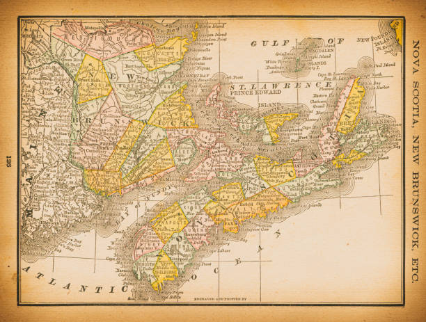 illustrazioni stock, clip art, cartoni animati e icone di tendenza di mappa ottocentesca della nuova scozia, nuovo brunswick - scotia