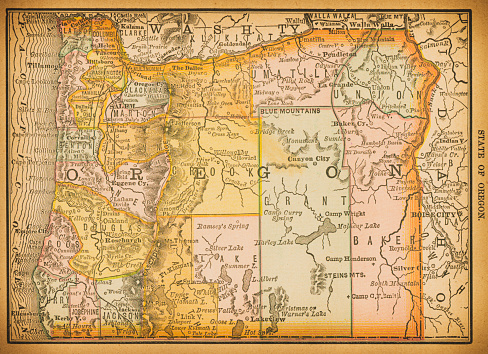 19th century map of Oregon. Published in New Dollar Atlas of the United States and Dominion of Canada. (Rand McNally & Co's, Chicago, 1884).