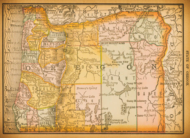 19th century map of Oregon 19th century map of Oregon. Published in New Dollar Atlas of the United States and Dominion of Canada. (Rand McNally & Co's, Chicago, 1884). oregon state university stock illustrations