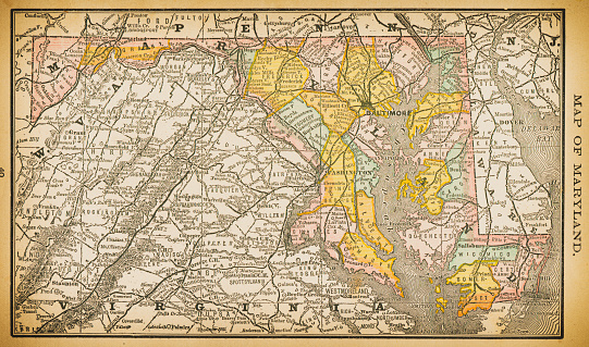 19th century map of Maryland. Published in New Dollar Atlas of the United States and Dominion of Canada. (Rand McNally & Co's, Chicago, 1884).