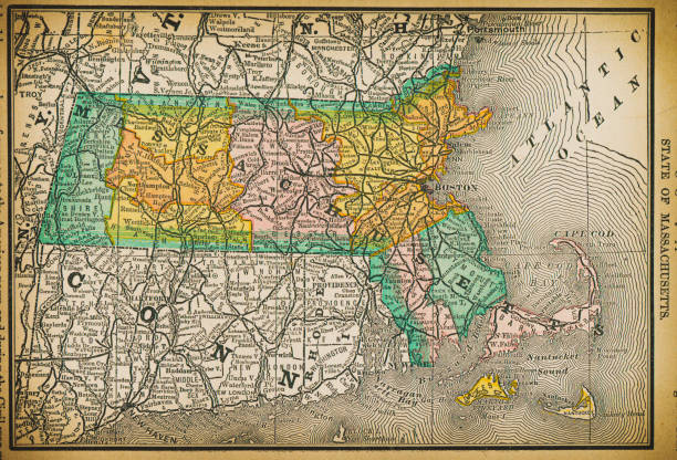 ilustraciones, imágenes clip art, dibujos animados e iconos de stock de mapa del siglo xix del estado de massachusetts - condado de suffolk massachusetts