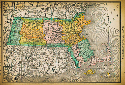 19th century map of State of Massachusetts. Published in New Dollar Atlas of the United States and Dominion of Canada. (Rand McNally & Co's, Chicago, 1884).