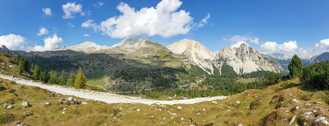 A panoramic view on a lush green valley in Italian Dolomites. The mountain slopes are overgrown with dense forest. The sharp and steep peaks are barren and stony. There is a gravell road below. Peace