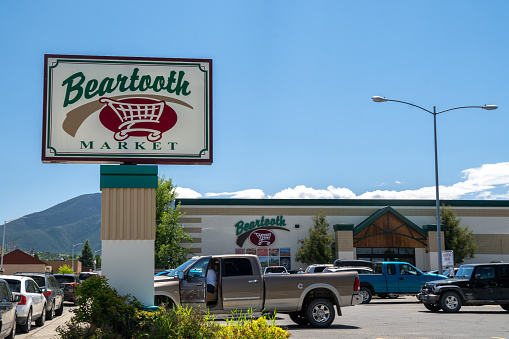 Red Lodge, Montana - July 2, 2020: Exterior of the Beartooth Market, a small town grocery store