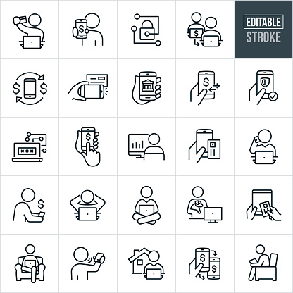 A set of mobile and online banking icons that include editable strokes or outlines using the EPS vector file. The icons include a person holding a bank card at computer while doing online banking, customer holding out phone with dollar sign on screen, one person transferring money to another person using direct payment, mobile check deposit, banking online using smartphone, secure network, person using laptop computer to do online banking, person using a tablet PC to do online banking, banking from home and other related icons.