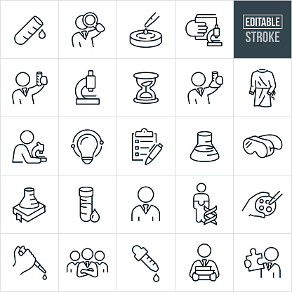 A set of laboratory icons that include editable strokes or outlines using the EPS vector file. The icons include a scientists, laboratory workers, test tube, laboratory scientist using a magnifying glass, petri dish, scientific education, microscope, hourglass, lab worker holding up a beaker, laboratory gown, scientist using a microscope, light bulb, clipboard with checklist, beaker with liquid, laboratory goggles, DNA strand, team of scientists, scientist holding a stack of books, virus, bacteria, laboratory worker holding up a test tube, hand holding a petri dish, DNA strand, vial, beaker, laboratory equipment, laboratory gown and other related icons.