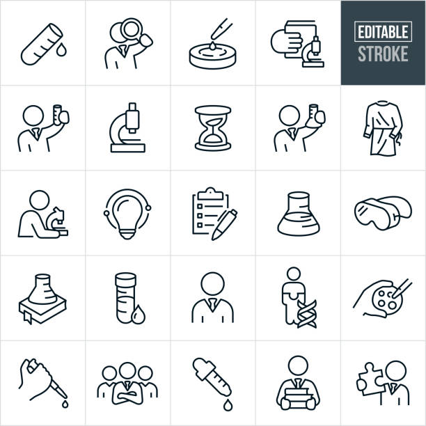 Laboratory Thin Line Icons - Editable Stroke A set of laboratory icons that include editable strokes or outlines using the EPS vector file. The icons include a scientists, laboratory workers, test tube, laboratory scientist using a magnifying glass, petri dish, scientific education, microscope, hourglass, lab worker holding up a beaker, laboratory gown, scientist using a microscope, light bulb, clipboard with checklist, beaker with liquid, laboratory goggles, DNA strand, team of scientists, scientist holding a stack of books, virus, bacteria, laboratory worker holding up a test tube, hand holding a petri dish, DNA strand, vial, beaker, laboratory equipment, laboratory gown and other related icons. laboratory stock illustrations