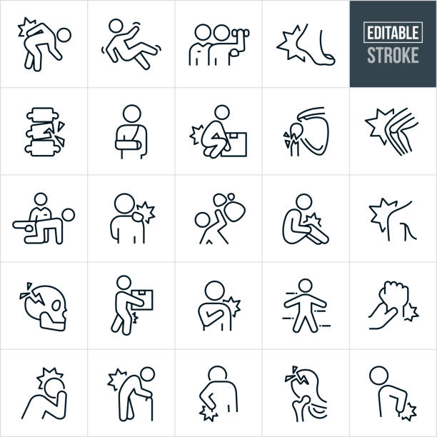 Injury and Pain Thin Line Icons - Editable Stroke A set of injury and pain icons that include editable strokes or outlines using the EPS vector file. The icons include a person with a back injury, person falling, injured person doing rehab with a personal trainer or physical therapist, foot injury, people in pain, fractured spine, person in a sling with a broken arm, person injuring back by lifting box, fractured arm, knee pain, physical therapist helping patient, person with shoulder injury, rocks falling on person, fractured skull, wrist injury, person with headache and fractured hip among others. back pain stock illustrations