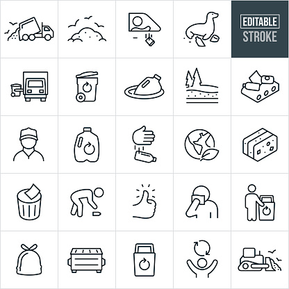 A set of garbage and recycle icons that include editable strokes or outlines using the EPS vector file. The icons include a garbage truck jumping trash at landfill, landfill full of garbage, person littering by throwing cup out window, sea-life surrounded by trash, garbage truck collecting garbage, garbage bin with recycle symbol, milk just floating in water, buried trash, garbage on conveyor belt, garbage man, earth with leaf, compacted trash, waste bin, person picking up trash, thumbs up, person covering their nose to avoid smell of garbage, dumpster, person standing next to recycle bin, bag of trash, person with recycle symbol and a bulldozer pushing garbage at landfill to name a few.