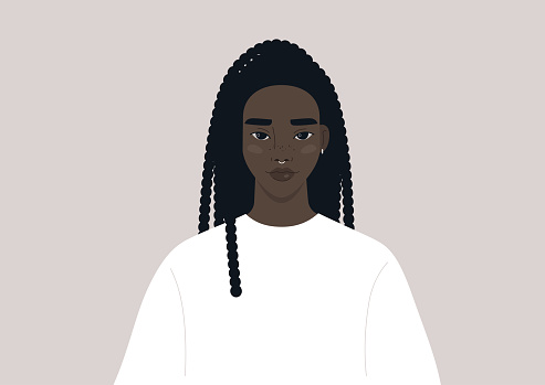 A portrait of a young female Black character wearing a simple long sleeve, millennial and generation z lifestyle