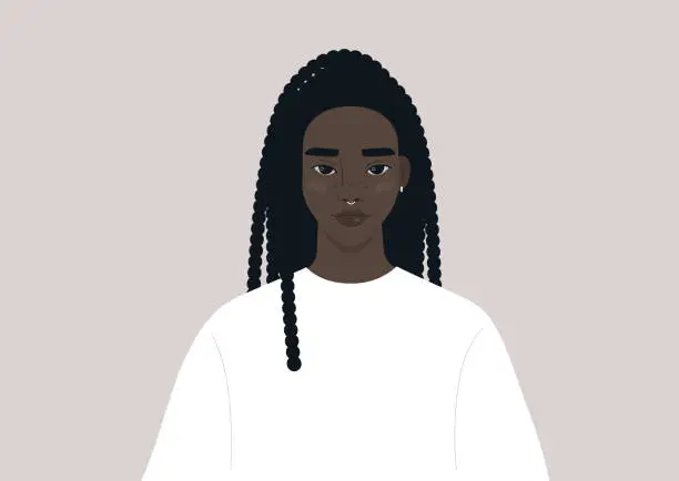 Vector illustration of A portrait of a young female Black character wearing a simple long sleeve, millennial and generation z lifestyle