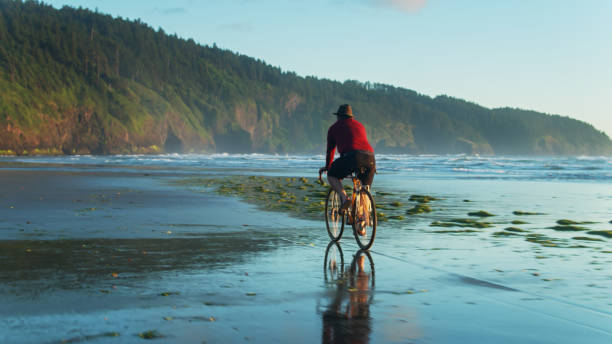 istock Low Drone Shot Following Man Cycling on Oregon Beach 1292472248