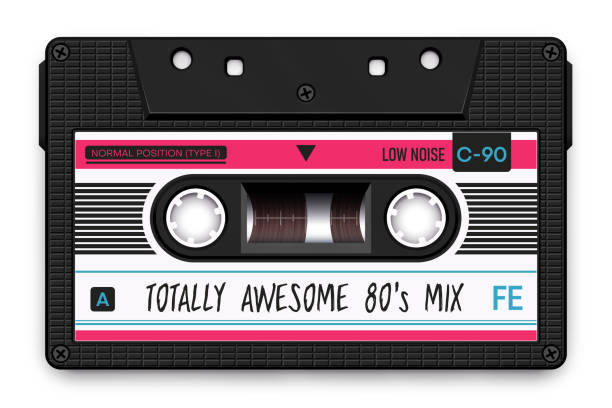 ilustraciones, imágenes clip art, dibujos animados e iconos de stock de relistic black audio cassette, totalmente impresionante mixtape de los 80 - retro revival music audio cassette old