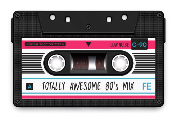 illustrations, cliparts, dessins animés et icônes de cassette audio noire relistique, mixtape totally awesome des années 80 - cassette audio