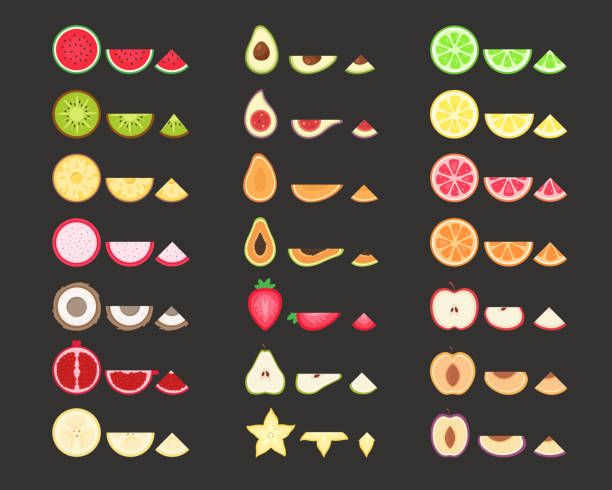 illustrations, cliparts, dessins animés et icônes de tranches de fruits réglées. fruits tropicaux et exotiques. illustration vectorielle - kawani fruit