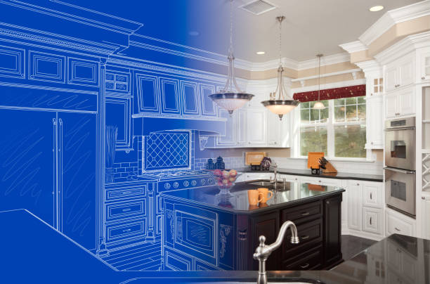 istock Kitchen Blueprint Drawing Gradating Into Finished Build 1292475515