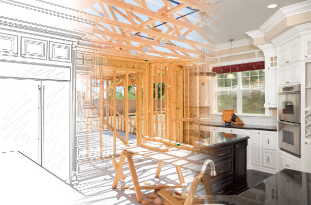 Kitchen Blueprint Drawing Gradating Into House Construction Framing Then Into Finished Build stock photo