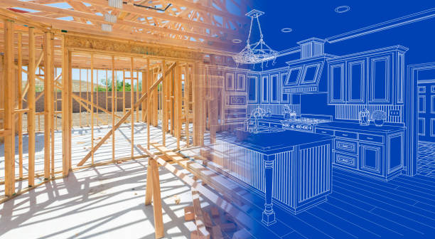 istock House Construction Framing Gradating Into Kitchen Design Blueprint Drawing 1292475731