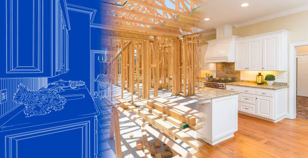 istock Kitchen Blueprint Drawing Gradating Into House Construction Framing Then Into Finished Build 1292475740