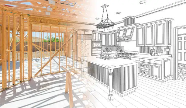 House Construction Framing Gradating Into Kitchen Design Drawing.