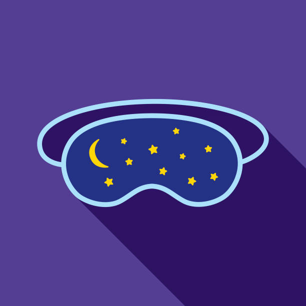 Moon And Stars Sleeping Mask Vector illustration of a blue sleeping mask with a gold moon and stars on it on a purple square background. insomnia illustrations stock illustrations
