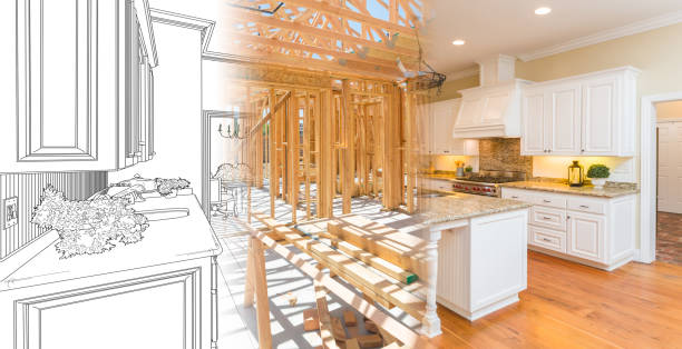 istock Kitchen Blueprint Drawing Gradating Into House Construction Framing Then Into Finished Build 1292475804