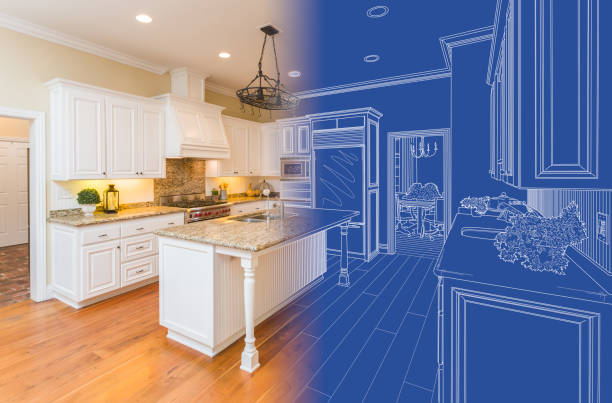 kitchen blueprint drawing gradating into finished build - building interior fotos imagens e fotografias de stock