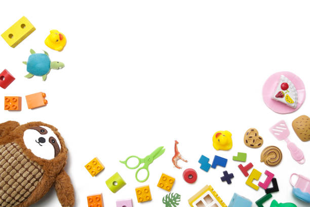 istock Children's toys on white background, top view with copy space 1292480427