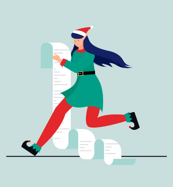 Vector illustration of a running elf with a list of gifts. vector art illustration