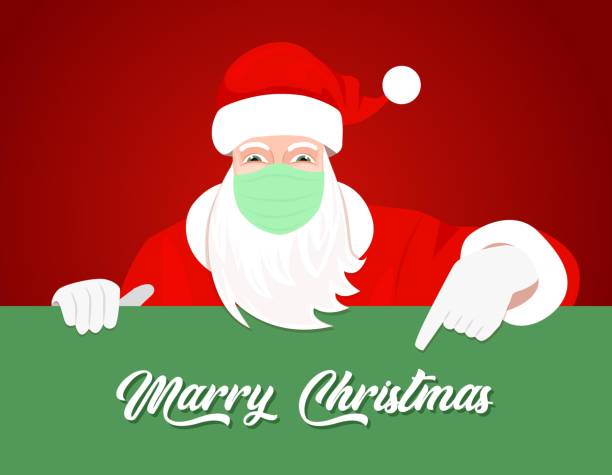 istock Coronavirus Xmas concept. Santa Claus with face mask showing Merry Christmas text with big signboard on red background vector illustration. Santa wears mask and telling Happy New Year during COVID-19 1292484886