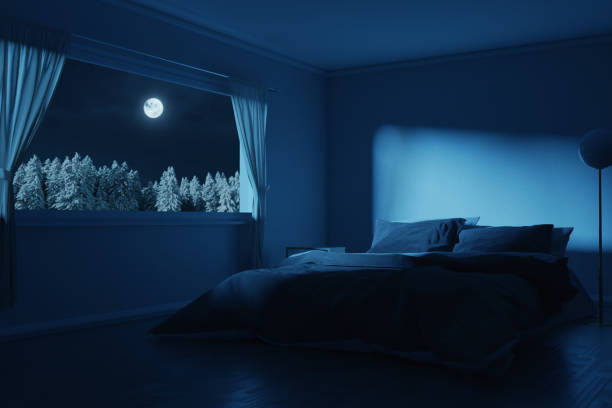 representación en 3d del dormitorio con acogedora cama baja en la noche de luna llena - bedroom blue bed domestic room fotografías e imágenes de stock