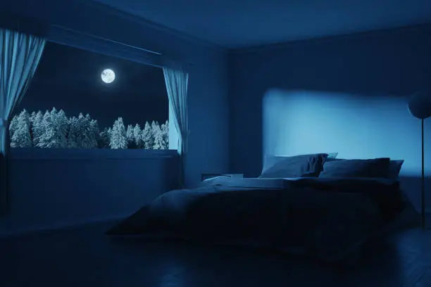 3d rendering of bedroom with cozy low bed in the full moon night