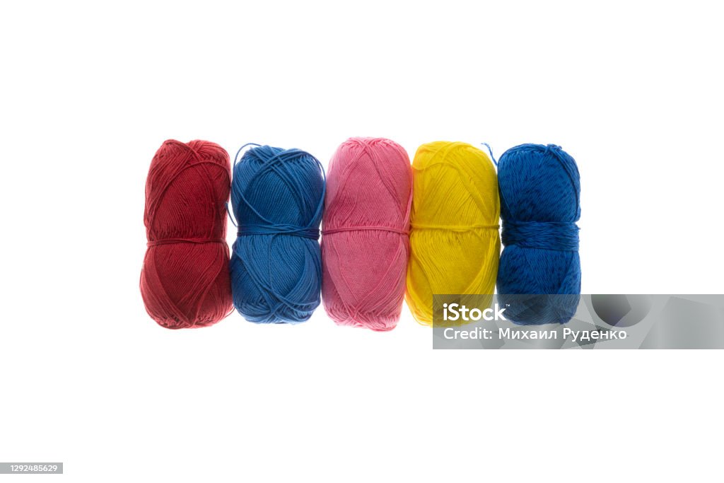 isolated set of colorful knitting wool balls, homemade craft textile Ball Of Wool Stock Photo