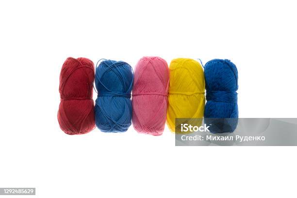 Isolated Set Of Colorful Knitting Wool Balls Homemade Craft Textile Stock Photo - Download Image Now