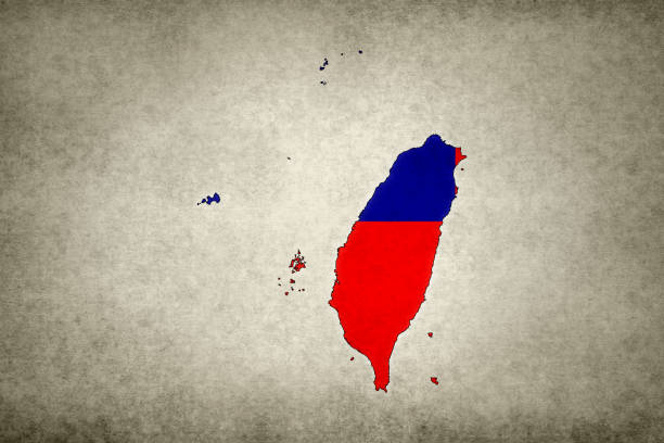 Grunge map of Taiwan with its flag printed within its border on an old paper.