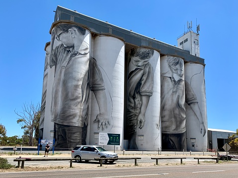 Coonalpyn, South Australia, Australia - January 8, 2019: Functioning grain silos were painted by Guido van Helten in 2017.