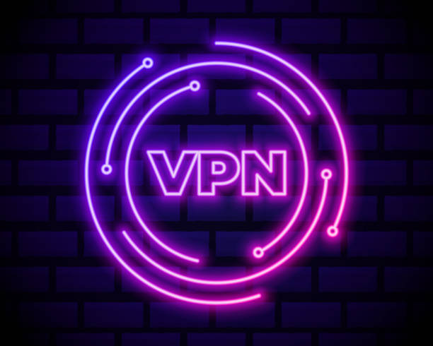 istock Glowing neon VPN Network connection icon isolated on dark brick wall background. Social technology. Cloud computing concept. Vector Illustration 1292488322