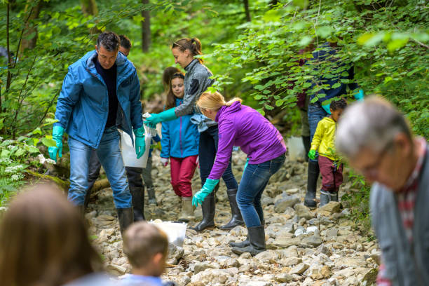 istock Group of volunteers collecting plastic garbage in forest 1292492558