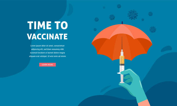 ilustrações, clipart, desenhos animados e ícones de projeto de conceito de vacinação. hora de vacinar banner. seringa em forma de guarda-chuva com vacina para covid-19, gripe ou influenza - injeção insulina luva